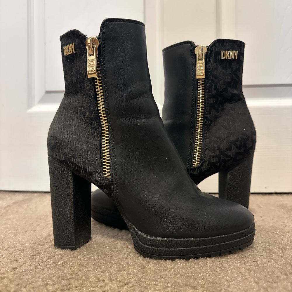 DKNY Black Ankle Booties with Gold Zipper Detail